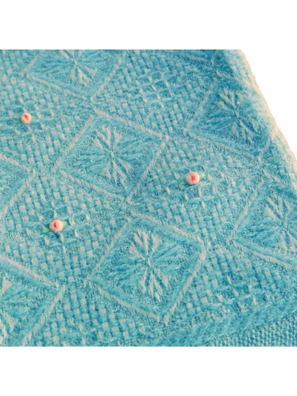 Vintage Blue Baby Blanket w/ Pink Roses, Tassels Crib Size 36x39 Mid-Century